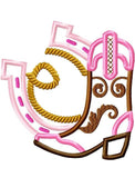 Cowgirl boot, rope and horseshoe applique machine embroidery design