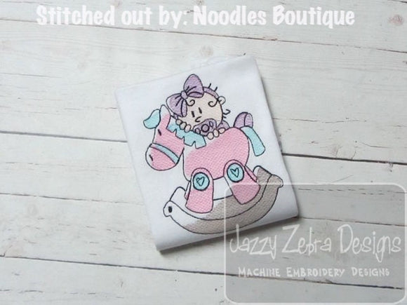 Baby Girl and Rocking Horse Sketch machine Embroidery Design
