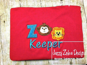 Zoo Keeper saying monkey and lion applique machine embroidery design