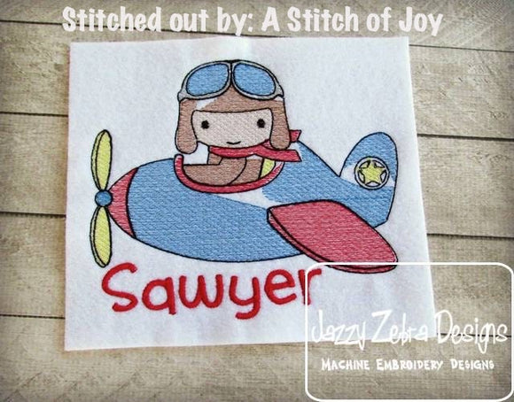 Boy airplane sketch machine embroidery design