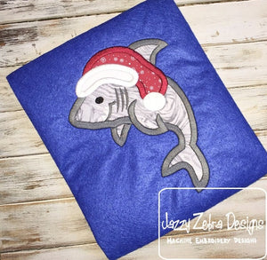 Shark wearing Santa hat appliqué machine embroidery design