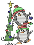 Penguins with Christmas Tree sketch machine embroidery design