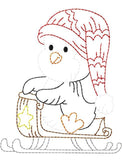 Winter penguin on sled vintage stitch machine embroidery design