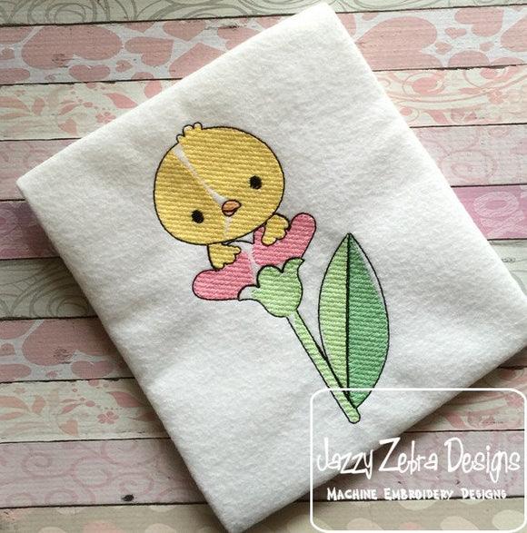 Spring Chick in flower sketch machine embroidery design
