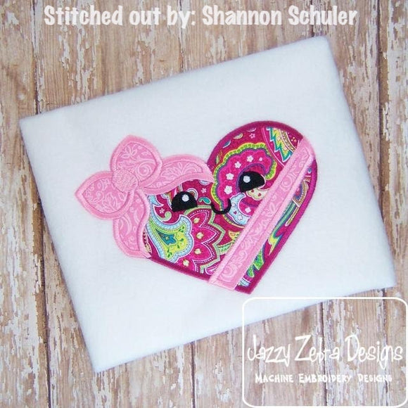 Valentine Heart girl with bow and face appliqué machine embroidery design