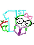 1st day of school or 1st grade bookworm reading book girl appliqué machine embroidery design