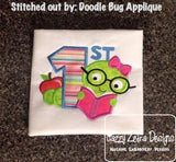 1st day of school or 1st grade bookworm reading book girl appliqué machine embroidery design