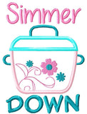 Simmer Down saying cooking pot applique machine embroidery design