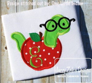 Apple with book worm appliqué machine embroidery design