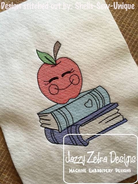 Apple with Books school sketch machine embroidery design