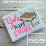 Girls have S'more fun saying Camping machine embroidery design