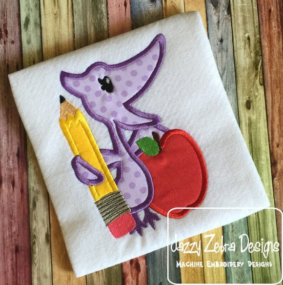Pterodactyl dinosaur with apple and pencil appliqué machine embroidery design