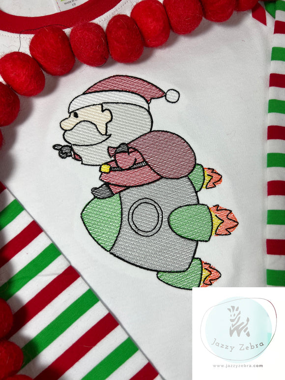 Santa with bag riding rocket ship sketch machine embroidery design