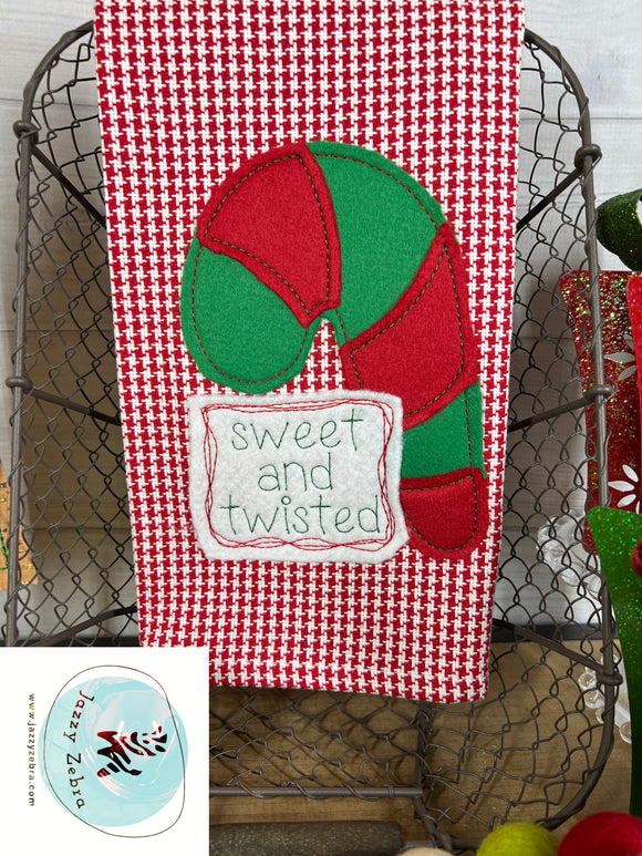 Sweet and Twisted saying Christmas candy cane shabby chic applique embroidery design