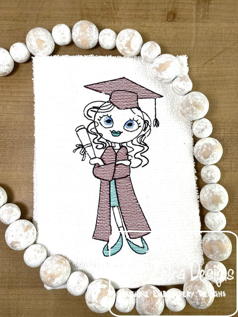 Graduation Swirly girl sketch machine embroidery design