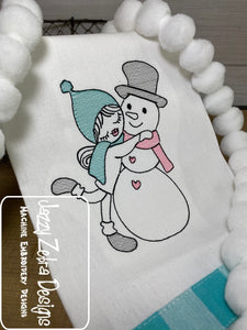 Swirly girl and snowman sketch machine embroidery design
