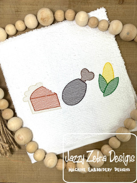 Trio Thanksgiving food sketch machine embroidery design