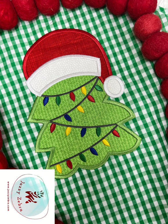 Christmas tree with santa hat and lights applique machine embroidery design