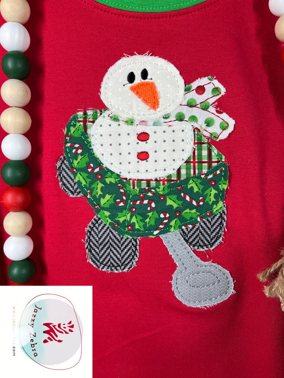 Wagon with snowman raggedy edge bean stitch shabby applique machine embroidery design